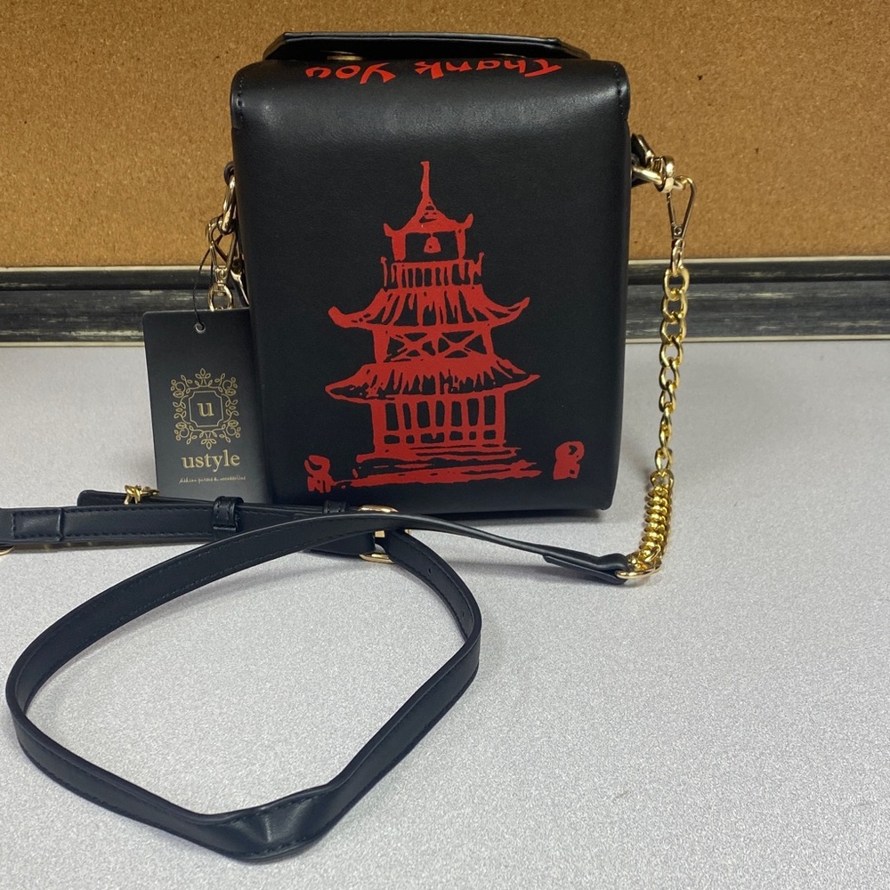 Ustyle Black Crossbody Bag with Red Pagoda Graphic